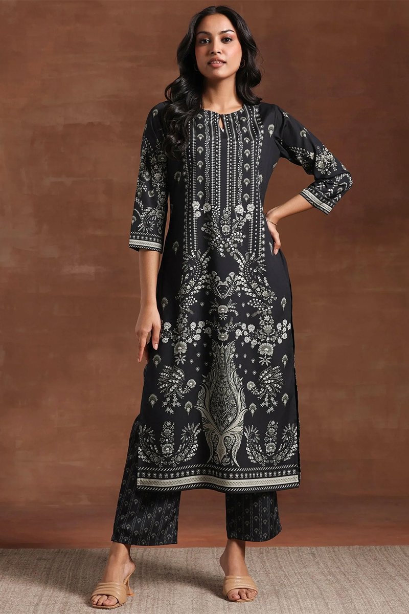 Black Printed Crepe Straight Kurta Set