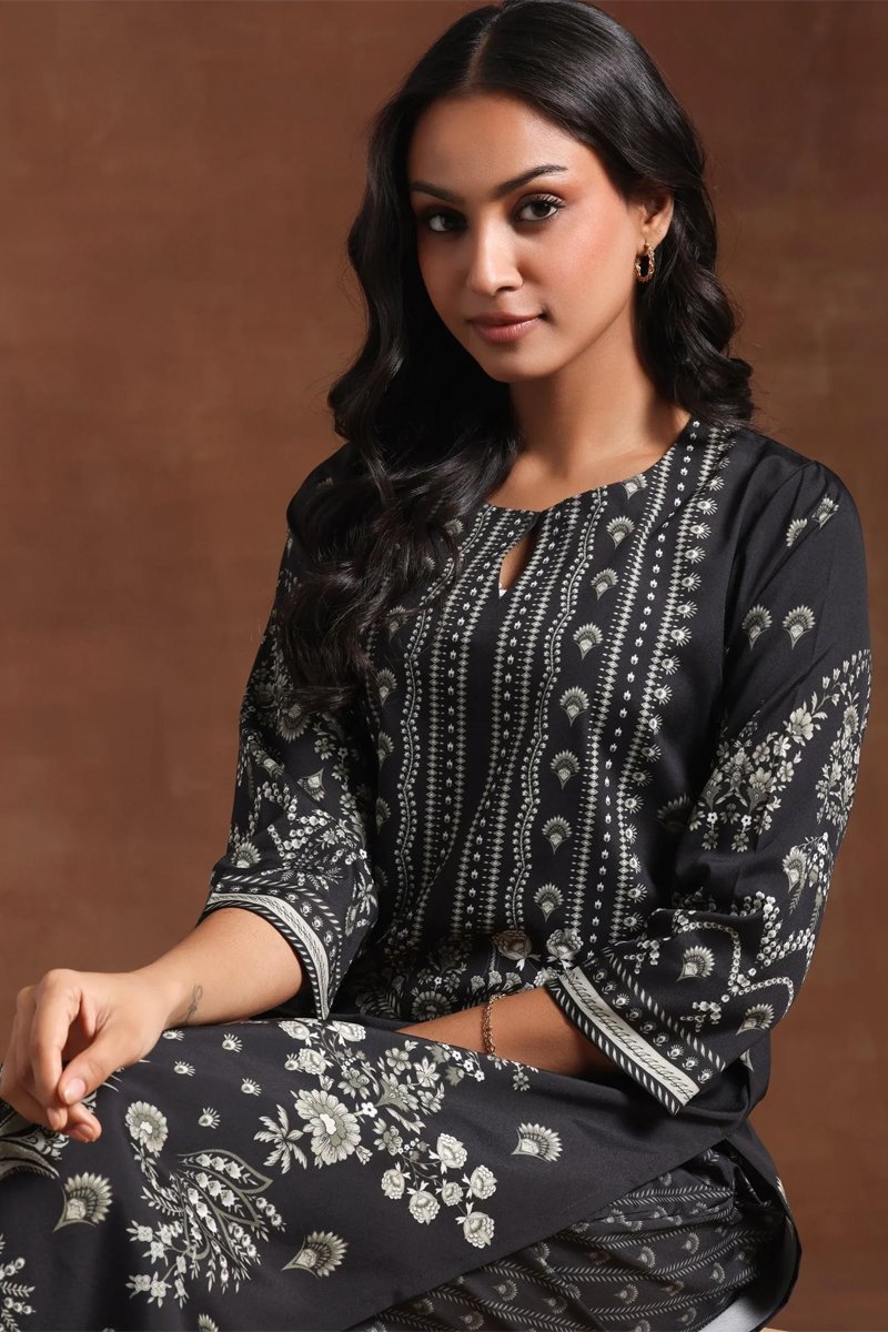 Black Printed Crepe Straight Kurta Set