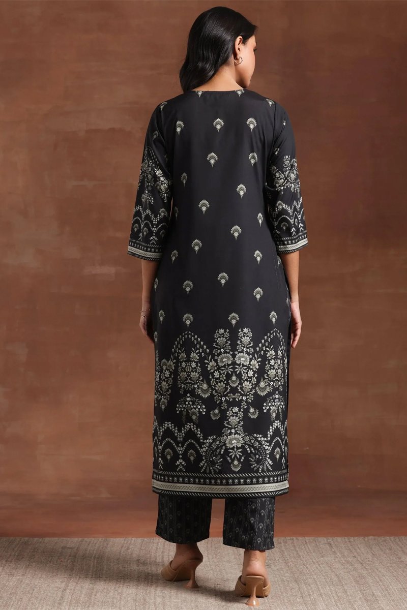 Black Printed Crepe Straight Kurta Set