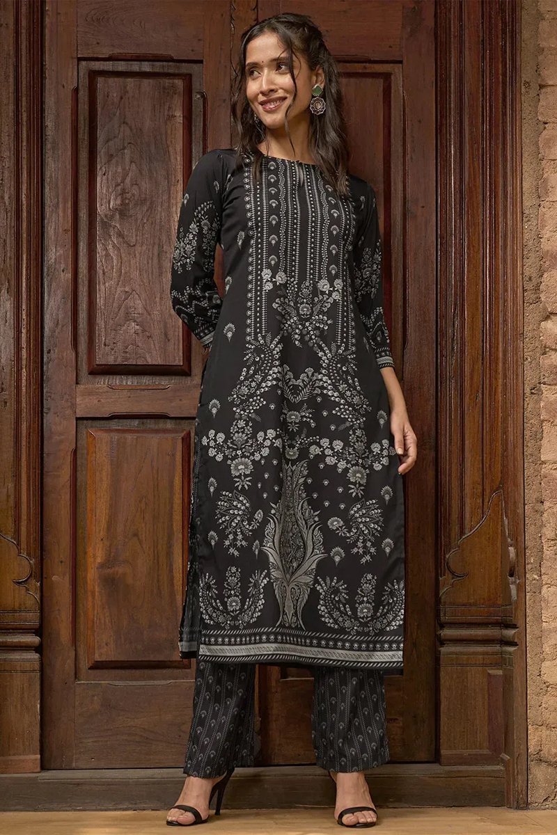 Black Printed Crepe Straight Kurta Set