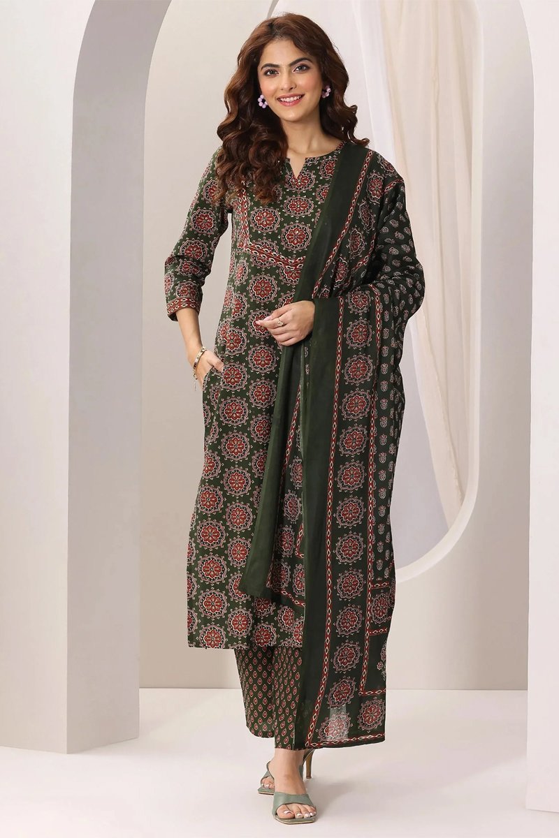 Green Printed Cotton Straight Suit Set With Dupatta