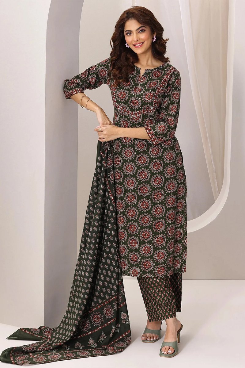 Green Printed Cotton Straight Suit Set With Dupatta