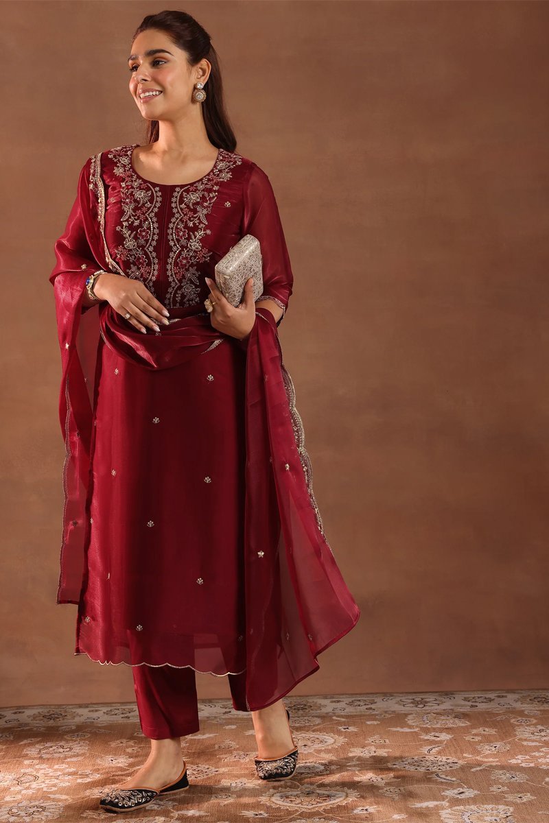 Maroon Yoke Design Tissue Straight Suit With Dupatta