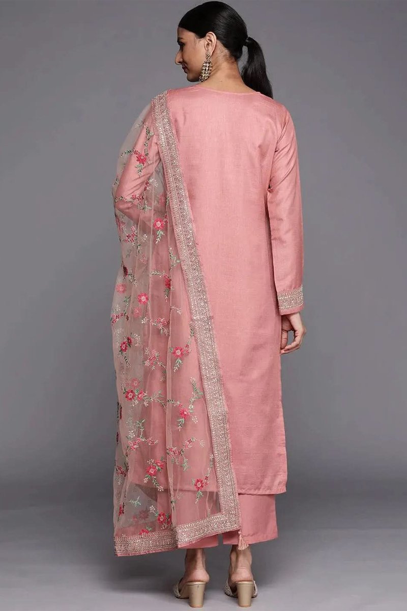 Peach Self Design Silk Blend Straight Kurta With Dupatta
