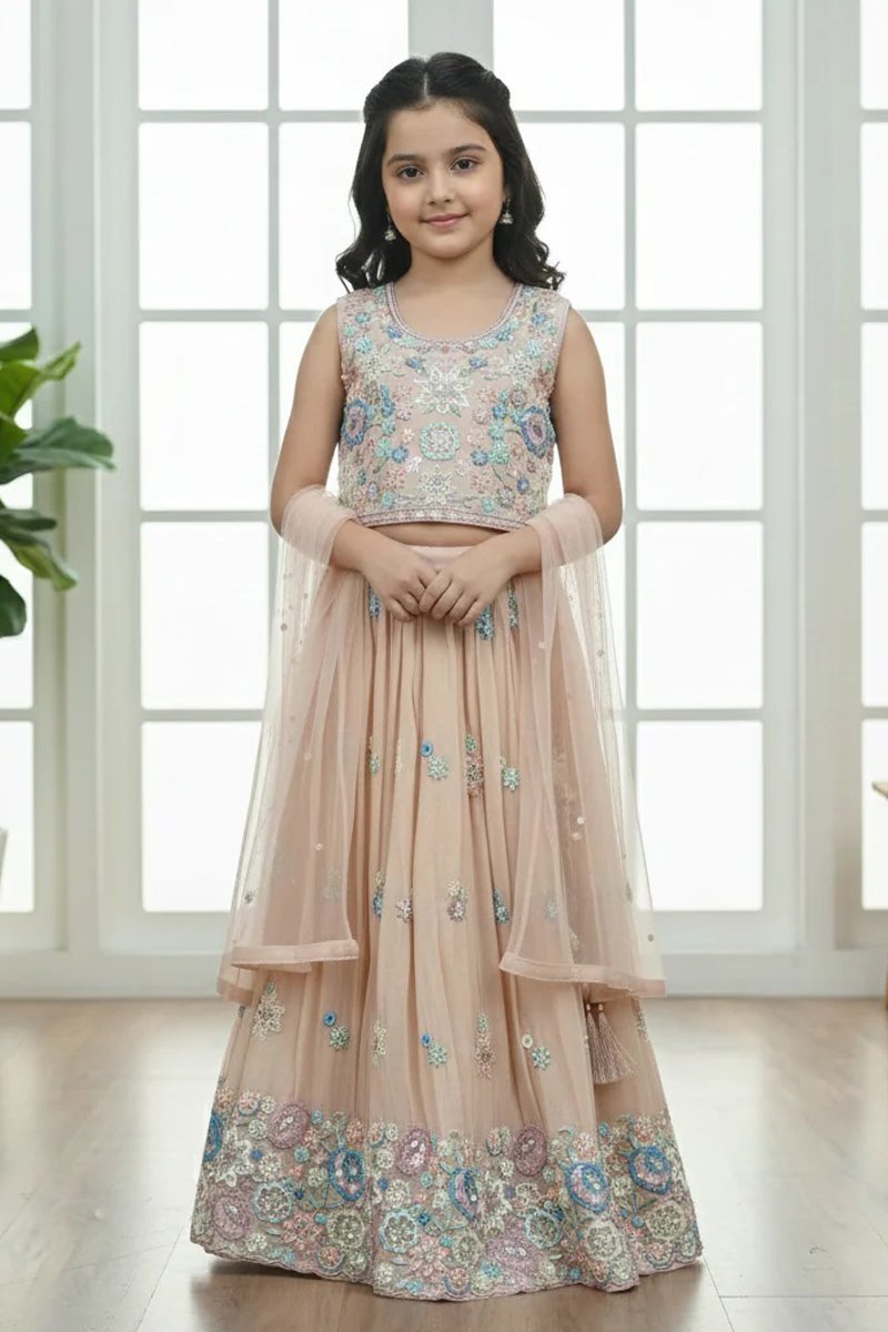 Peach Embroidered Lehenga Choli for Girls